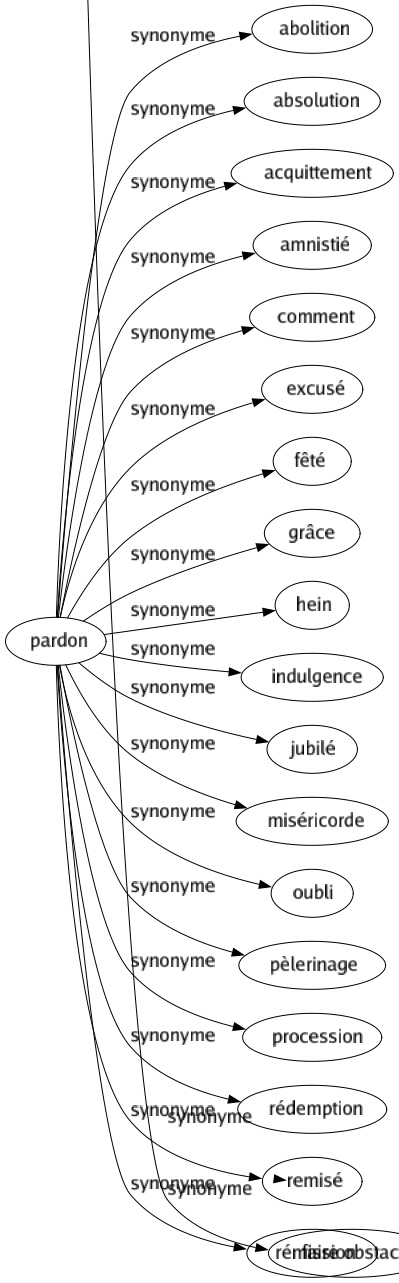 Synonyme de Pardon : Abolition Absolution Acquittement Amnistié Comment Excusé Fêté Grâce Hein Indulgence Jubilé Miséricorde Oubli Pèlerinage Procession Rédemption Remisé Rémission 