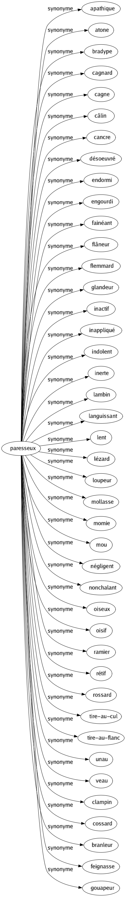 Synonyme de Paresseux : Apathique Atone Bradype Cagnard Cagne Câlin Cancre Désoeuvré Endormi Engourdi Fainéant Flâneur Flemmard Glandeur Inactif Inappliqué Indolent Inerte Lambin Languissant Lent Lézard Loupeur Mollasse Momie Mou Négligent Nonchalant Oiseux Oisif Ramier Rétif Rossard Tire-au-cul Tire-au-flanc Unau Veau Clampin Cossard Branleur Feignasse Gouapeur 