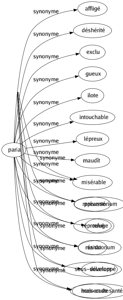 Synonyme de Paria : Affligé Déshérité Exclu Gueux Ilote Intouchable Lépreux Maudît Misérable Repoussé Réprouvé Résidu Sous-développé Hors-caste 