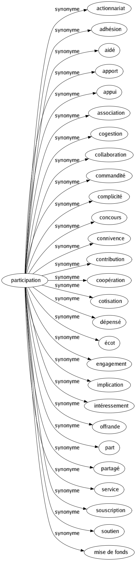 Synonyme de Participation : Actionnariat Adhésion Aidé Apport Appui Association Cogestion Collaboration Commandité Complicité Concours Connivence Contribution Coopération Cotisation Dépensé Écot Engagement Implication Intéressement Offrande Part Partagé Service Souscription Soutien Mise de fonds 