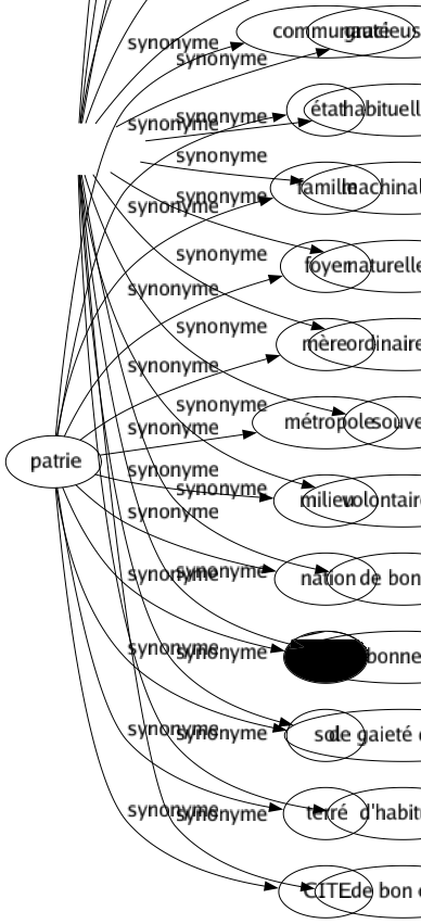 Synonyme de Patrie : Communauté État Famille Foyer Mère Métropole Milieu Nation Pays Sol Terré Cite 