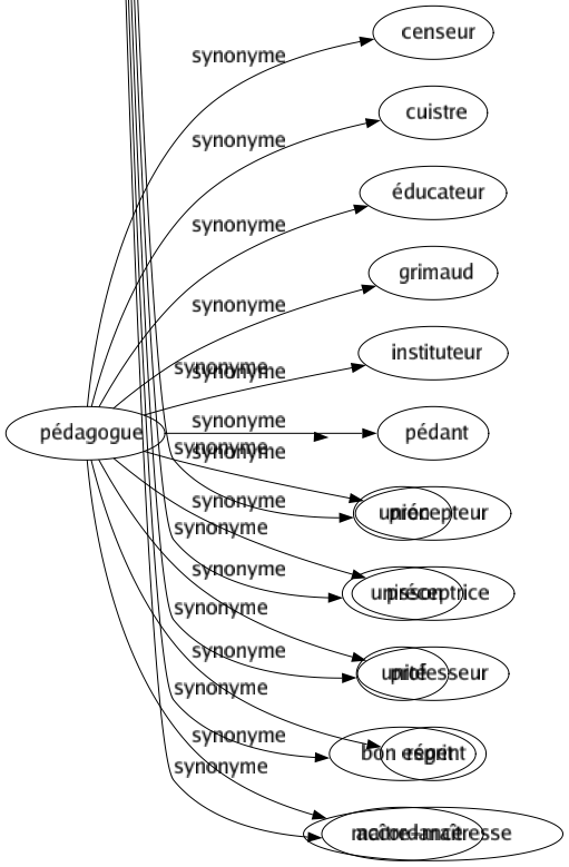 Synonyme de Pédagogue : Censeur Cuistre Éducateur Grimaud Instituteur Pédant Précepteur Préceptrice Professeur Régent Maître-maîtresse 
