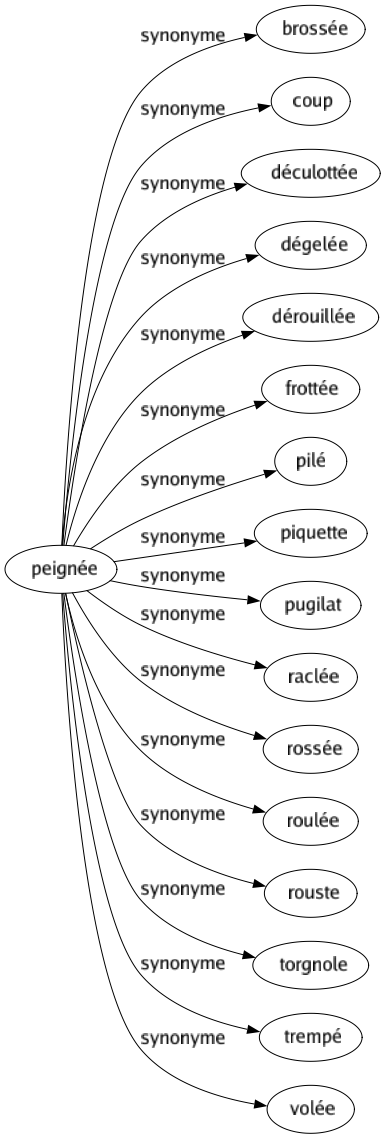 Synonyme de Peignée : Brossée Coup Déculottée Dégelée Dérouillée Frottée Pilé Piquette Pugilat Raclée Rossée Roulée Rouste Torgnole Trempé Volée 
