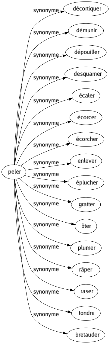 Synonyme de Peler : Décortiquer Démunir Dépouiller Desquamer Écaler Écorcer Écorcher Enlever Éplucher Gratter Ôter Plumer Râper Raser Tondre Bretauder 