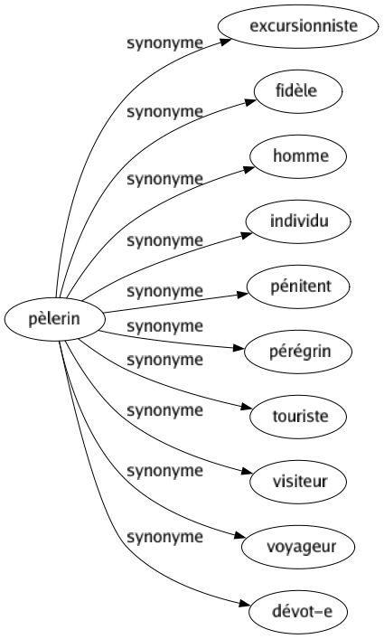 Synonyme de Pèlerin : Excursionniste Fidèle Homme Individu Pénitent Pérégrin Touriste Visiteur Voyageur Dévot-e 