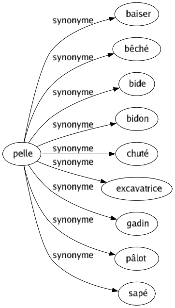 Synonyme de Pelle : Baiser Bêché Bide Bidon Chuté Excavatrice Gadin Pâlot Sapé 