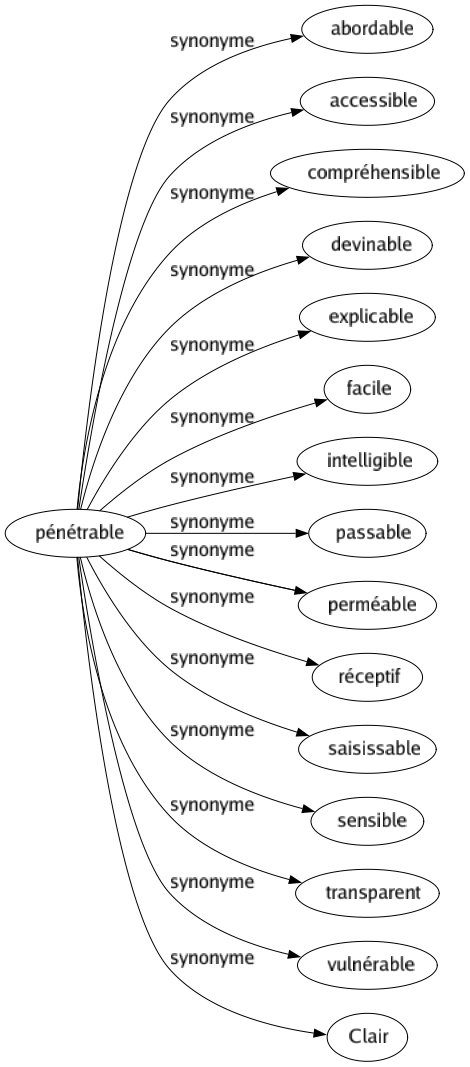 Synonyme de Pénétrable : Abordable Accessible Compréhensible Devinable Explicable Facile Intelligible Passable Perméable Réceptif Saisissable Sensible Transparent Vulnérable Clair 