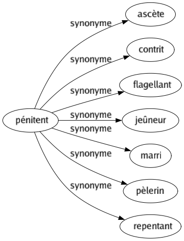 Synonyme de Pénitent : Ascète Contrit Flagellant Jeûneur Marri Pèlerin Repentant 