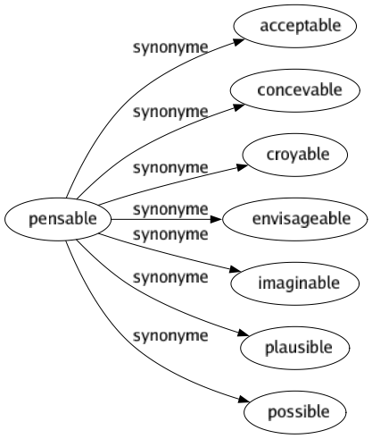 Synonyme de Pensable : Acceptable Concevable Croyable Envisageable Imaginable Plausible Possible 
