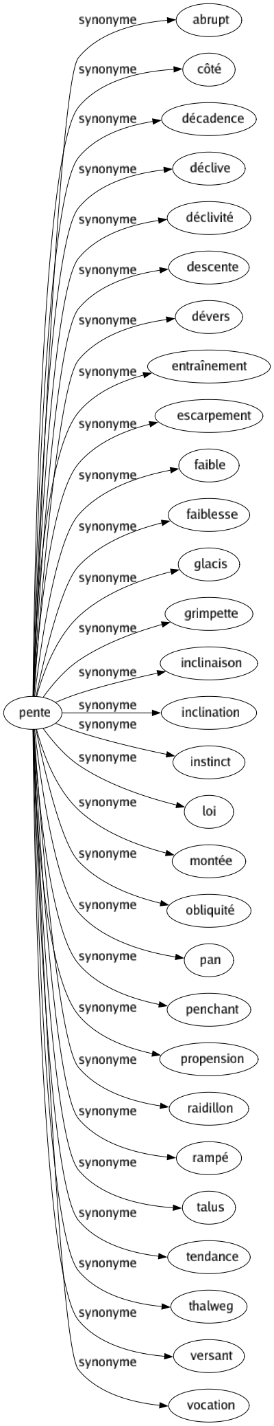 Synonyme de Pente : Abrupt Côté Décadence Déclive Déclivité Descente Dévers Entraînement Escarpement Faible Faiblesse Glacis Grimpette Inclinaison Inclination Instinct Loi Montée Obliquité Pan Penchant Propension Raidillon Rampé Talus Tendance Thalweg Versant Vocation 