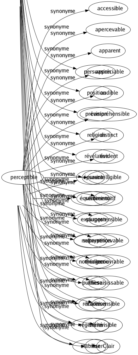 Synonyme de Perceptible : Accessible Apercevable Apparent Appréciable Audible Compréhensible Distinct Évident Intelligible Intuitif Ostensible Percevable Recouvrable Saisissable Sensible Visible Clair 