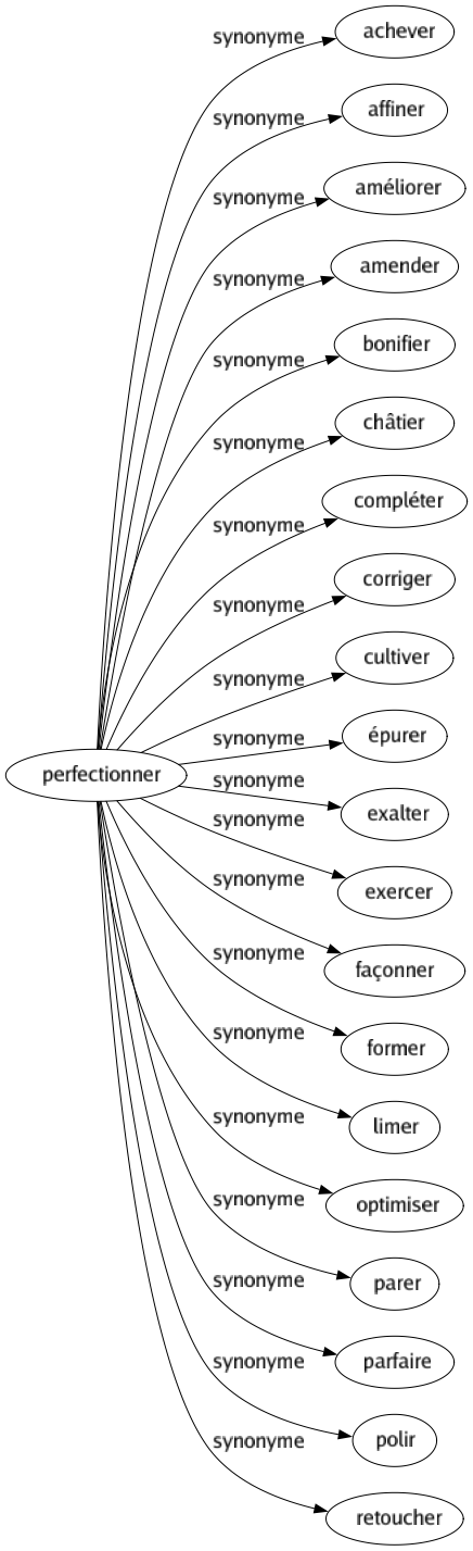 Synonyme de Perfectionner : Achever Affiner Améliorer Amender Bonifier Châtier Compléter Corriger Cultiver Épurer Exalter Exercer Façonner Former Limer Optimiser Parer Parfaire Polir Retoucher 