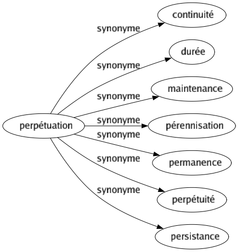 Synonyme de Perpétuation : Continuité Durée Maintenance Pérennisation Permanence Perpétuité Persistance 