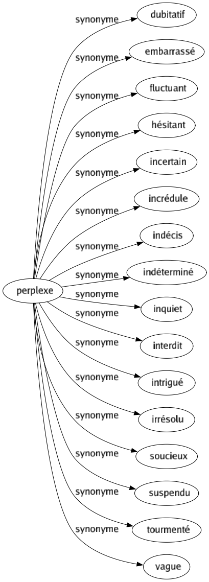 Synonyme de Perplexe : Dubitatif Embarrassé Fluctuant Hésitant Incertain Incrédule Indécis Indéterminé Inquiet Interdit Intrigué Irrésolu Soucieux Suspendu Tourmenté Vague 