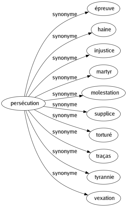 Synonyme de Persécution : Épreuve Haine Injustice Martyr Molestation Supplice Torturé Traças Tyrannie Vexation 