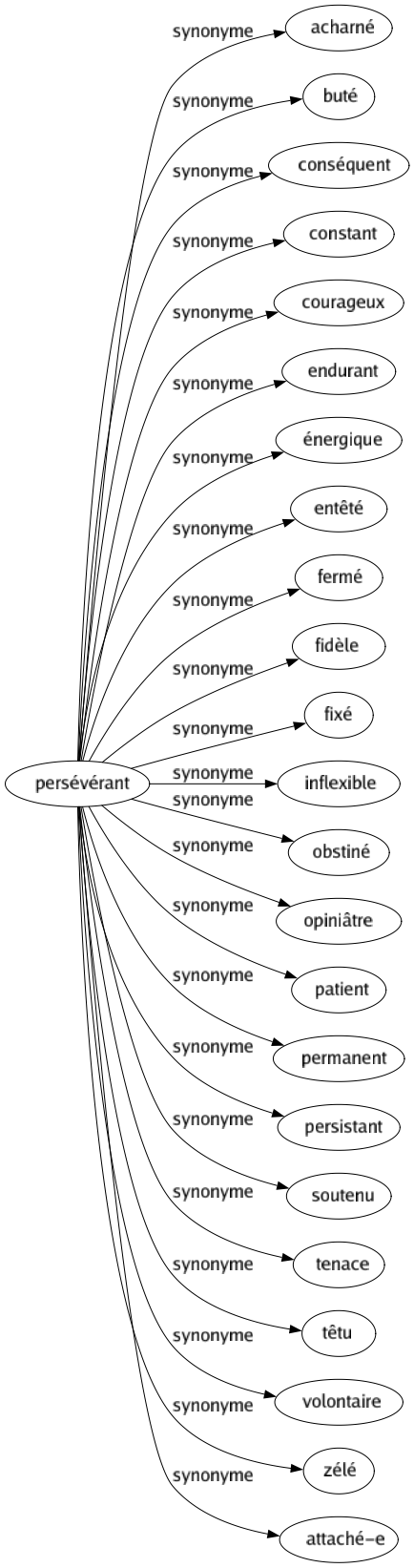 Synonyme de Persévérant : Acharné Buté Conséquent Constant Courageux Endurant Énergique Entêté Fermé Fidèle Fixé Inflexible Obstiné Opiniâtre Patient Permanent Persistant Soutenu Tenace Têtu Volontaire Zélé Attaché-e 