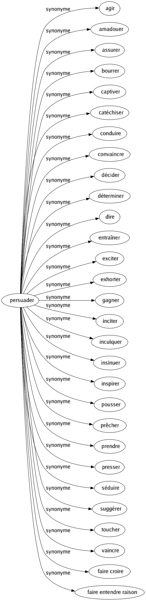 Synonyme de Persuader : Agir Amadouer Assurer Bourrer Captiver Catéchiser Conduire Convaincre Décider Déterminer Dire Entraîner Exciter Exhorter Gagner Inciter Inculquer Insinuer Inspirer Pousser Prêcher Prendre Presser Séduire Suggérer Toucher Vaincre Faire croire Faire entendre raison 