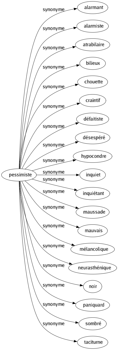 Synonyme de Pessimiste : Alarmant Alarmiste Atrabilaire Bilieux Chouette Craintif Défaitiste Désespéré Hypocondre Inquiet Inquiétant Maussade Mauvais Mélancolique Neurasthénique Noir Paniquard Sombré Taciturne 