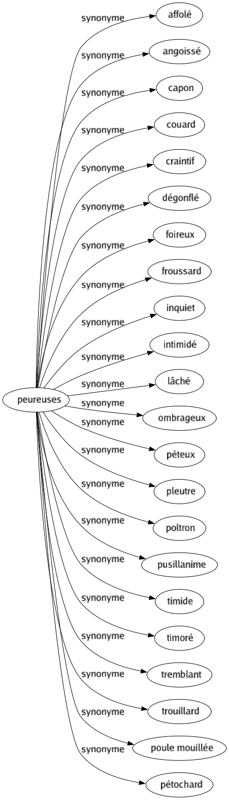 Synonyme de Peureuses : Affolé Angoissé Capon Couard Craintif Dégonflé Foireux Froussard Inquiet Intimidé Lâché Ombrageux Péteux Pleutre Poltron Pusillanime Timide Timoré Tremblant Trouillard Poule mouillée Pétochard 