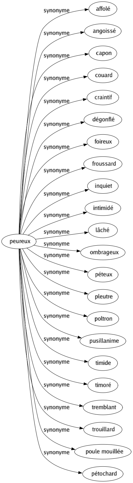 Synonyme de Peureux : Affolé Angoissé Capon Couard Craintif Dégonflé Foireux Froussard Inquiet Intimidé Lâché Ombrageux Péteux Pleutre Poltron Pusillanime Timide Timoré Tremblant Trouillard Poule mouillée Pétochard 