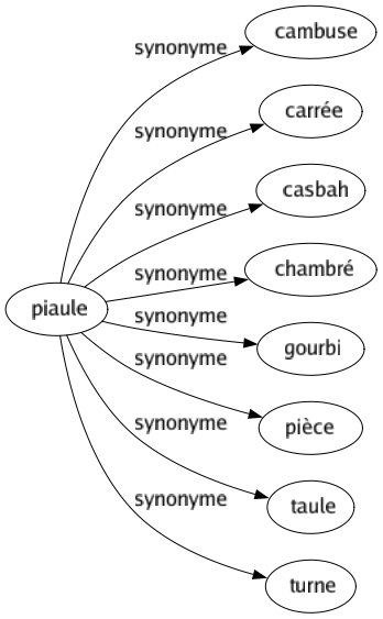 Synonyme de Piaule : Cambuse Carrée Casbah Chambré Gourbi Pièce Taule Turne 