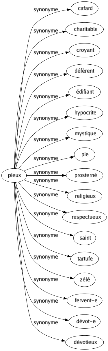 Synonyme de Pieux : Cafard Charitable Croyant Défèrent Édifiant Hypocrite Mystique Pie Prosterné Religieux Respectueux Saint Tartufe Zélé Fervent-e Dévot-e Dévotieux 