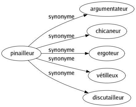 Synonyme de Pinailleur : Argumentateur Chicaneur Ergoteur Vétilleux Discutailleur 