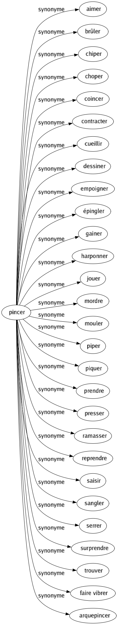 Synonyme de Pincer : Aimer Brûler Chiper Choper Coincer Contracter Cueillir Dessiner Empoigner Épingler Gainer Harponner Jouer Mordre Mouler Piper Piquer Prendre Presser Ramasser Reprendre Saisir Sangler Serrer Surprendre Trouver Faire vibrer Arquepincer 
