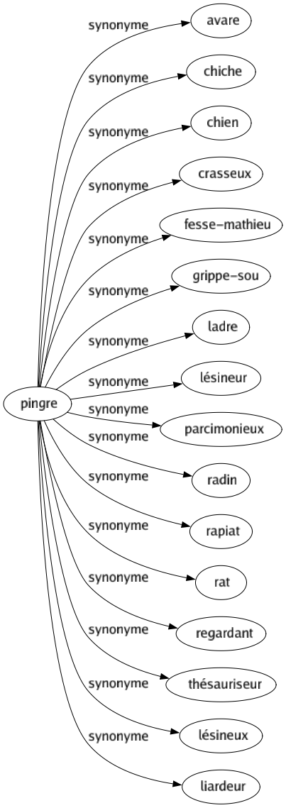 Synonyme de Pingre : Avare Chiche Chien Crasseux Fesse-mathieu Grippe-sou Ladre Lésineur Parcimonieux Radin Rapiat Rat Regardant Thésauriseur Lésineux Liardeur 