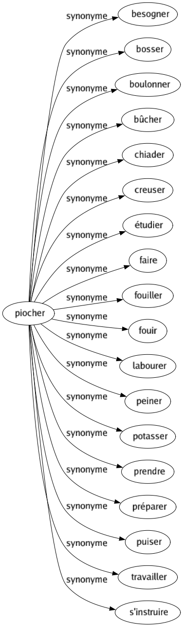 Synonyme de Piocher : Besogner Bosser Boulonner Bûcher Chiader Creuser Étudier Faire Fouiller Fouir Labourer Peiner Potasser Prendre Préparer Puiser Travailler S'instruire 