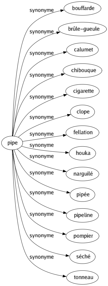 Synonyme de Pipe : Bouffarde Brûle-gueule Calumet Chibouque Cigarette Clope Fellation Houka Narguilé Pipée Pipeline Pompier Séché Tonneau 