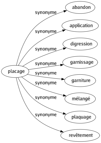 Synonyme de Placage : Abandon Application Digression Garnissage Garniture Mélangé Plaquage Revêtement 