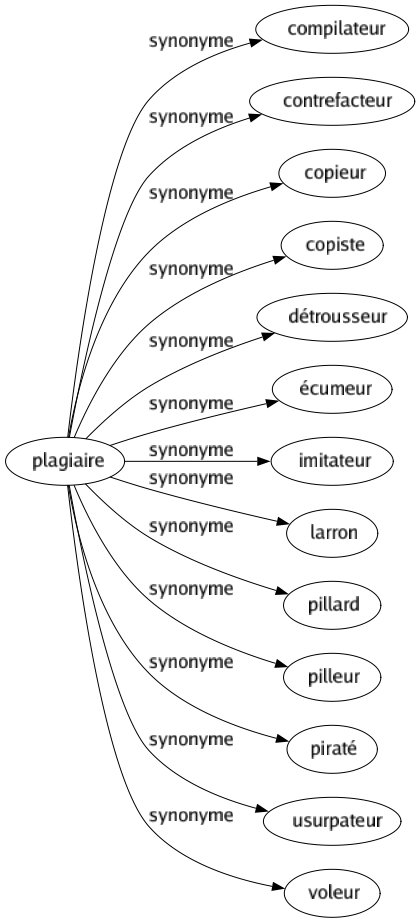 Synonyme de Plagiaire : Compilateur Contrefacteur Copieur Copiste Détrousseur Écumeur Imitateur Larron Pillard Pilleur Piraté Usurpateur Voleur 