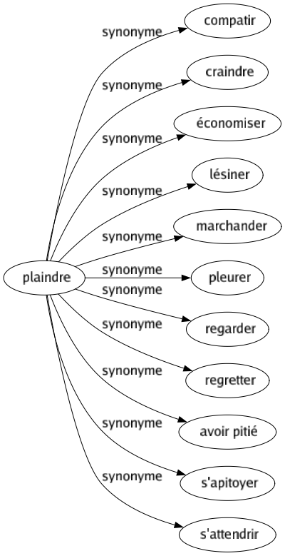 Synonyme de Plaindre : Compatir Craindre Économiser Lésiner Marchander Pleurer Regarder Regretter Avoir pitié S'apitoyer S'attendrir 