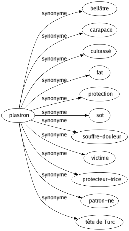 Synonyme de Plastron : Bellâtre Carapace Cuirassé Fat Protection Sot Souffre-douleur Victime Protecteur-trice Patron-ne Tête de turc 