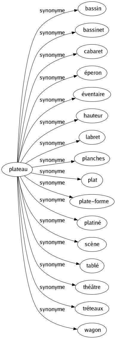 Synonyme de Plateau : Bassin Bassinet Cabaret Éperon Éventaire Hauteur Labret Planches Plat Plate-forme Platiné Scène Tablé Théâtre Tréteaux Wagon 
