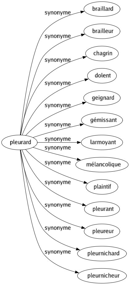 Synonyme de Pleurard : Braillard Brailleur Chagrin Dolent Geignard Gémissant Larmoyant Mélancolique Plaintif Pleurant Pleureur Pleurnichard Pleurnicheur 