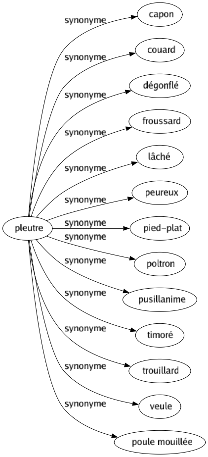 Synonyme de Pleutre : Capon Couard Dégonflé Froussard Lâché Peureux Pied-plat Poltron Pusillanime Timoré Trouillard Veule Poule mouillée 