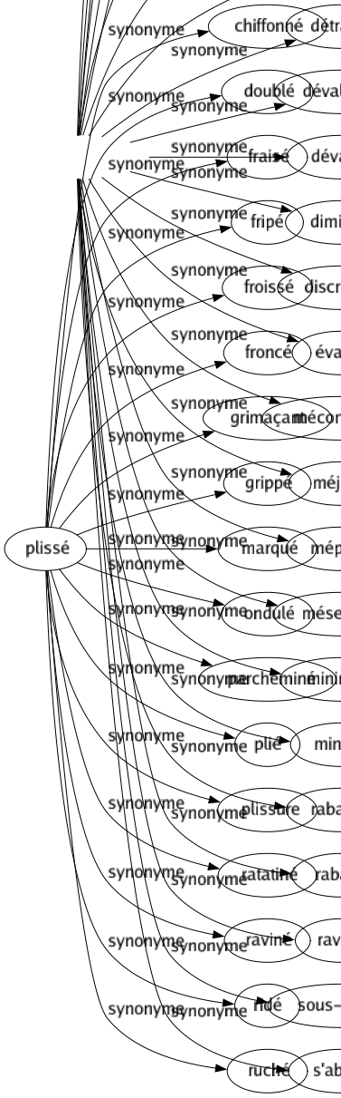 Synonyme de Plissé : Chiffonné Doublé Fraisé Fripé Froissé Froncé Grimaçant Grippé Marqué Ondulé Parcheminé Plié Plissure Ratatiné Raviné Ridé Ruché 