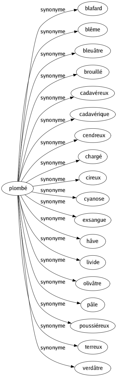 Synonyme de Plombé : Blafard Blême Bleuâtre Brouillé Cadavéreux Cadavérique Cendreux Chargé Cireux Cyanose Exsangue Hâve Livide Olivâtre Pâle Poussiéreux Terreux Verdâtre 