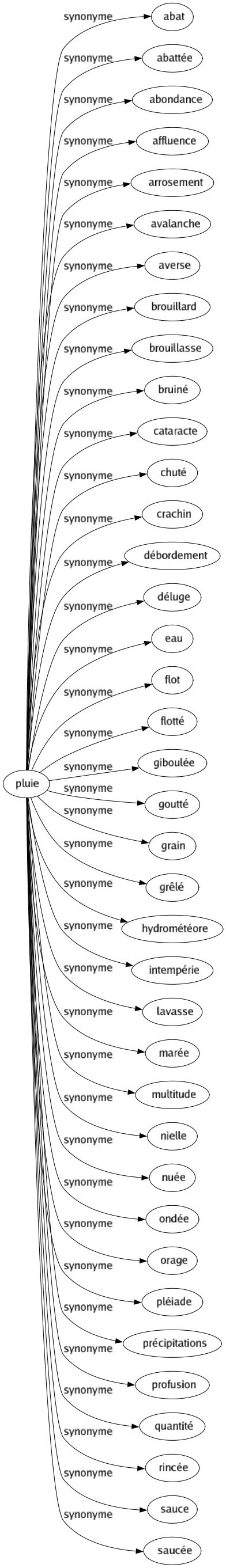 Synonyme de Pluie : Abat Abattée Abondance Affluence Arrosement Avalanche Averse Brouillard Brouillasse Bruiné Cataracte Chuté Crachin Débordement Déluge Eau Flot Flotté Giboulée Goutté Grain Grêlé Hydrométéore Intempérie Lavasse Marée Multitude Nielle Nuée Ondée Orage Pléiade Précipitations Profusion Quantité Rincée Sauce Saucée 