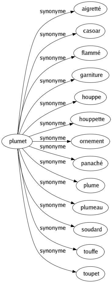 Synonyme de Plumet : Aigretté Casoar Flammé Garniture Houppe Houppette Ornement Panaché Plume Plumeau Soudard Touffe Toupet 
