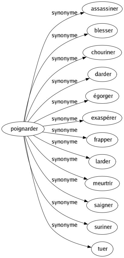 Synonyme de Poignarder : Assassiner Blesser Chouriner Darder Égorger Exaspérer Frapper Larder Meurtrir Saigner Suriner Tuer 