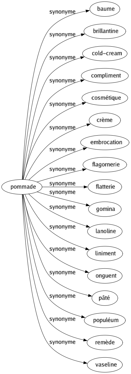 Synonyme de Pommade : Baume Brillantine Cold-cream Compliment Cosmétique Crème Embrocation Flagornerie Flatterie Gomina Lanoline Liniment Onguent Pâté Populéum Remède Vaseline 