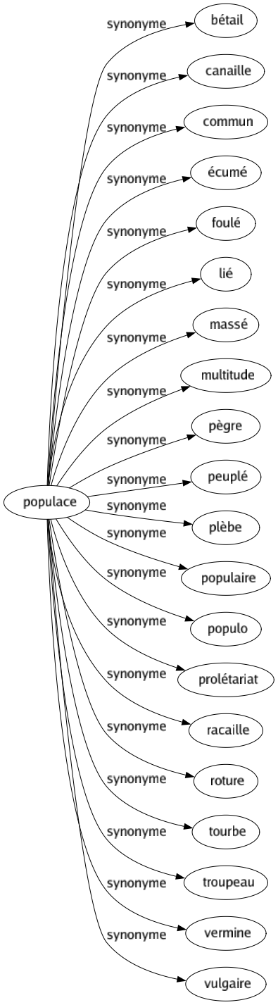 Synonyme de Populace : Bétail Canaille Commun Écumé Foulé Lié Massé Multitude Pègre Peuplé Plèbe Populaire Populo Prolétariat Racaille Roture Tourbe Troupeau Vermine Vulgaire 
