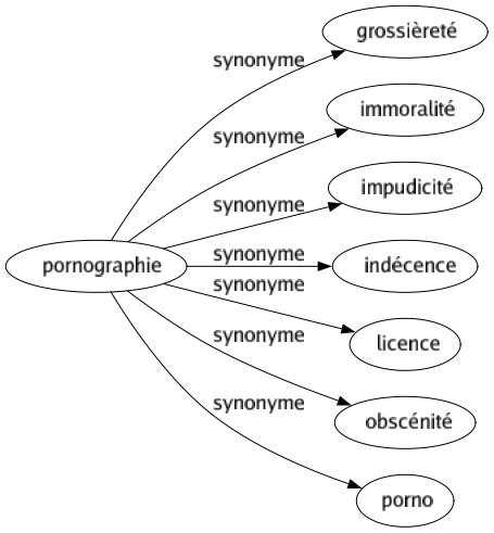 Synonyme de Pornographie : Grossièreté Immoralité Impudicité Indécence Licence Obscénité Porno 
