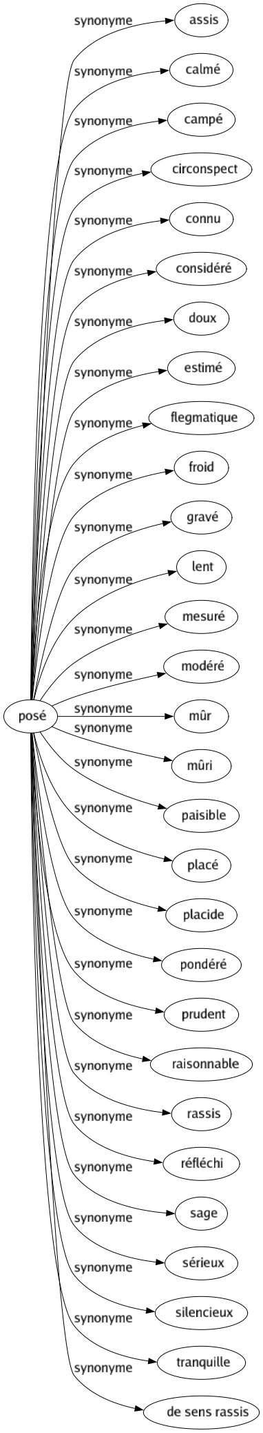 Synonyme de Posé : Assis Calmé Campé Circonspect Connu Considéré Doux Estimé Flegmatique Froid Gravé Lent Mesuré Modéré Mûr Mûri Paisible Placé Placide Pondéré Prudent Raisonnable Rassis Réfléchi Sage Sérieux Silencieux Tranquille De sens rassis 