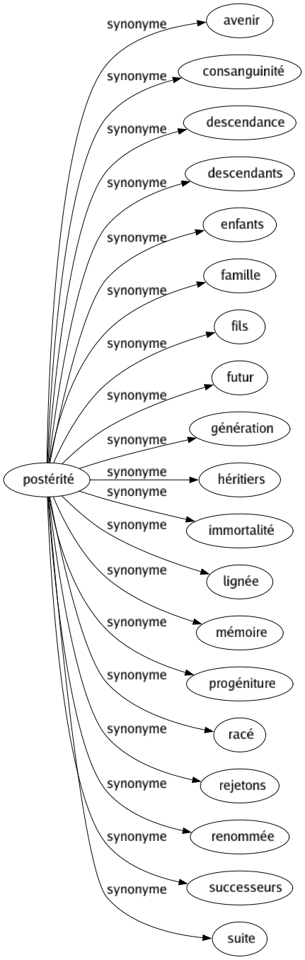 Synonyme de Postérité : Avenir Consanguinité Descendance Descendants Enfants Famille Fils Futur Génération Héritiers Immortalité Lignée Mémoire Progéniture Racé Rejetons Renommée Successeurs Suite 