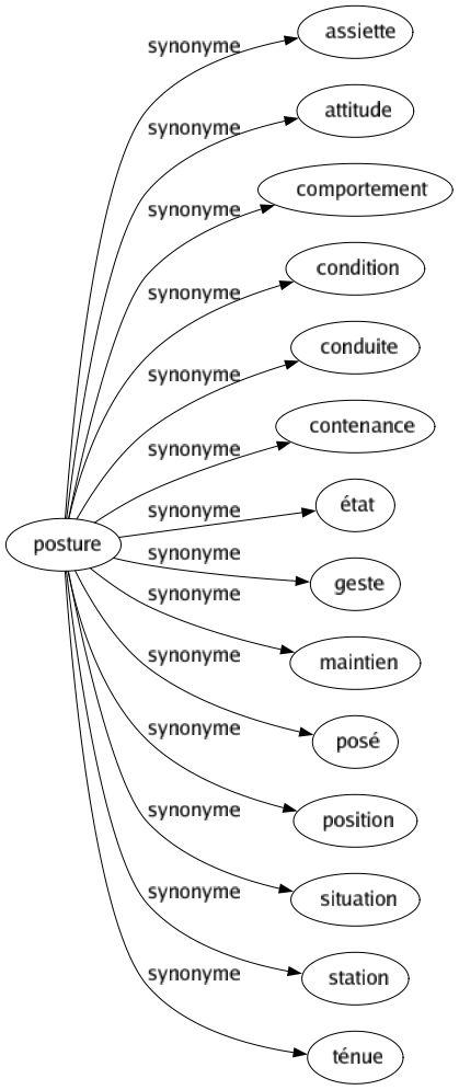 Synonyme de Posture : Assiette Attitude Comportement Condition Conduite Contenance État Geste Maintien Posé Position Situation Station Ténue 