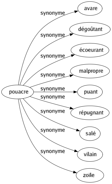 Synonyme de Pouacre : Avare Dégoûtant Écoeurant Malpropre Puant Répugnant Salé Vilain Zoïle 